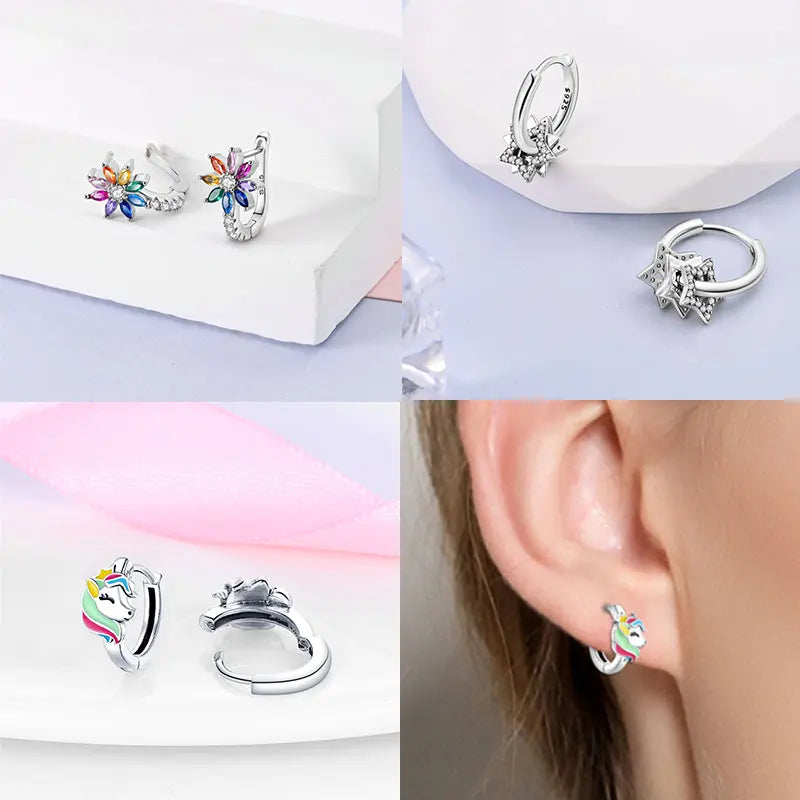 Ear Ring Series 925 Sterling Silver Star Moon Unicorn Tulip Flower Butterfly Bee Geometry Earrings Ladies Pairing with Jewelry