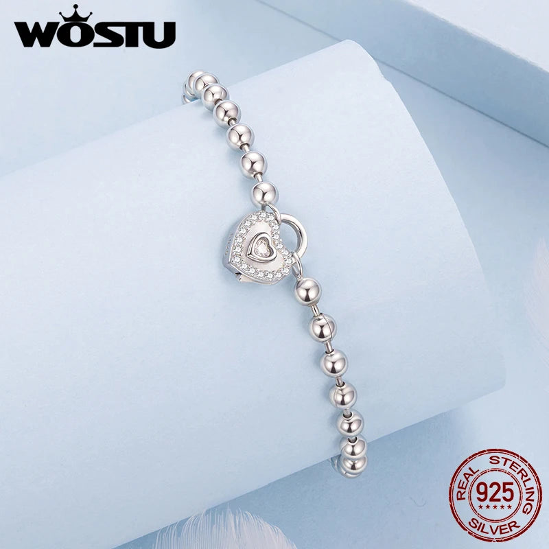 WOSTU Real 925 Sterling Silver Beaded Bracelet with Heart Lock Pendant & CZ, s925 Valentine Jewelry Love Bangle Gift For Her