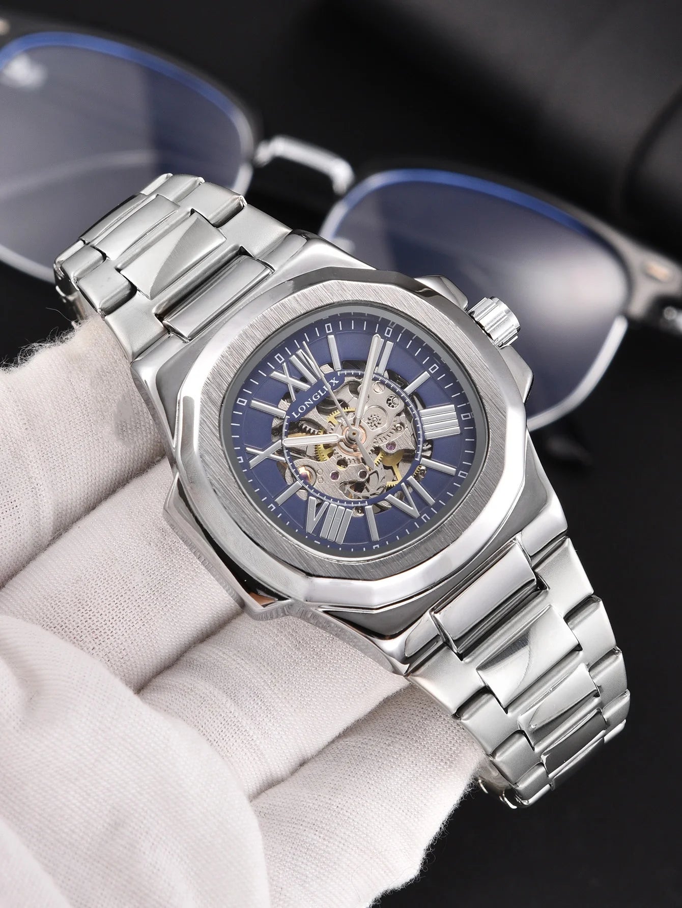 LONGLUX HOT SALE NEW automatic mechanical men watch rome business waterproof skeleton luminous stainless steel gift watch