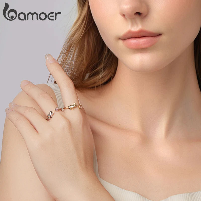BAMOER 925 Sterling Silver Cute Cat Open Ring for Women, Lovely Animals Pink CZ Heart Ring for Pet Lover Family Jewelry Gift