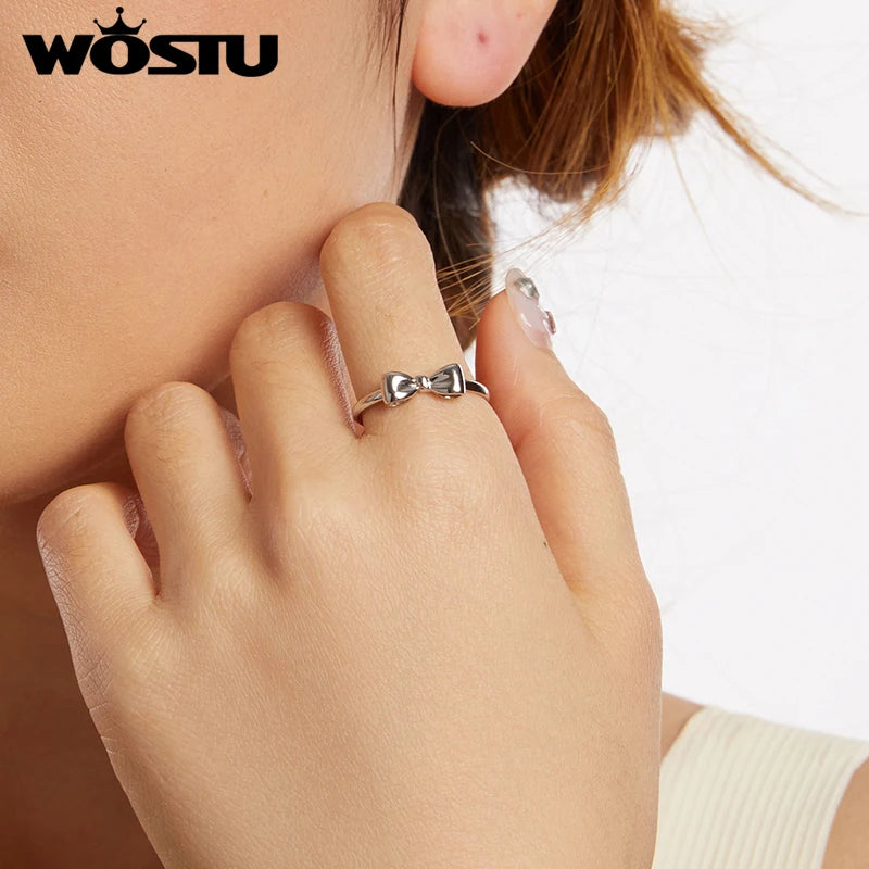 WOSTU Solid 925 Sterling Silver Classical Bow knot Ring For Women Wedding Jewelry Opening Rings Stackable Jewelry Gift BSR664-E