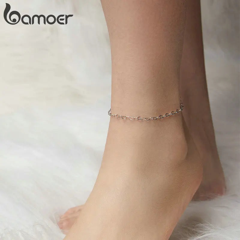 Bamoer 925 Sterling Silver Heart Chain Anklet Simple Chain Foot Jewelry for Women White Gold Plated Summer Jewelry BST007