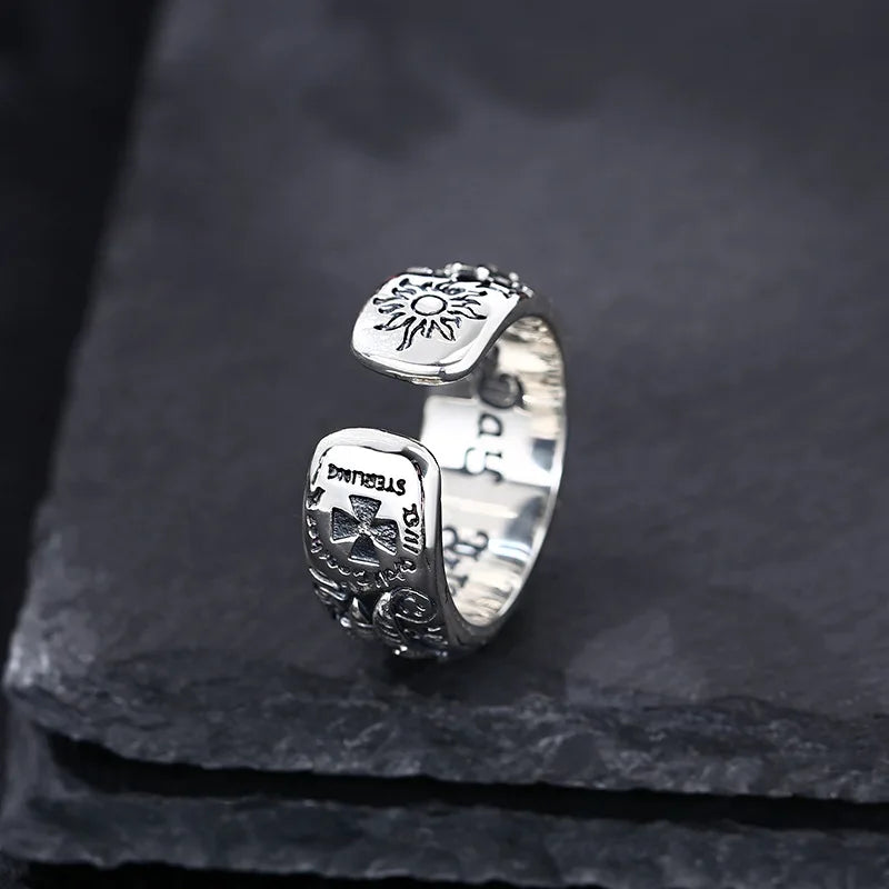 Retro Sun Wings Graffiti Ring For Men Silver Color Punk Gothic Adjustable Ring Handmade Rock Unisex Jewelry Accessories Man Gift