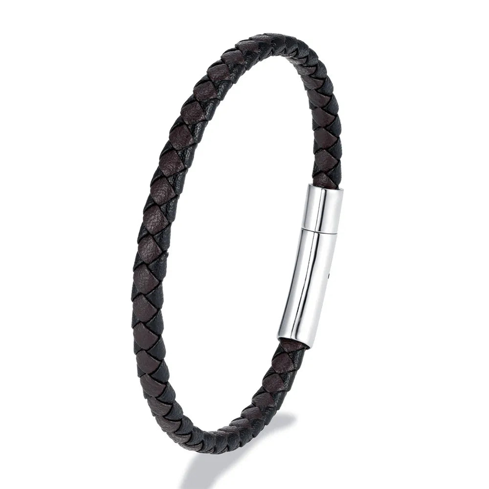 MKENDN Bracelet en cuir tressé noir bleu de style simple Bracelet en acier inoxydable avec boucle magnétique Bijoux pour hommes femmes Couple Cadeau