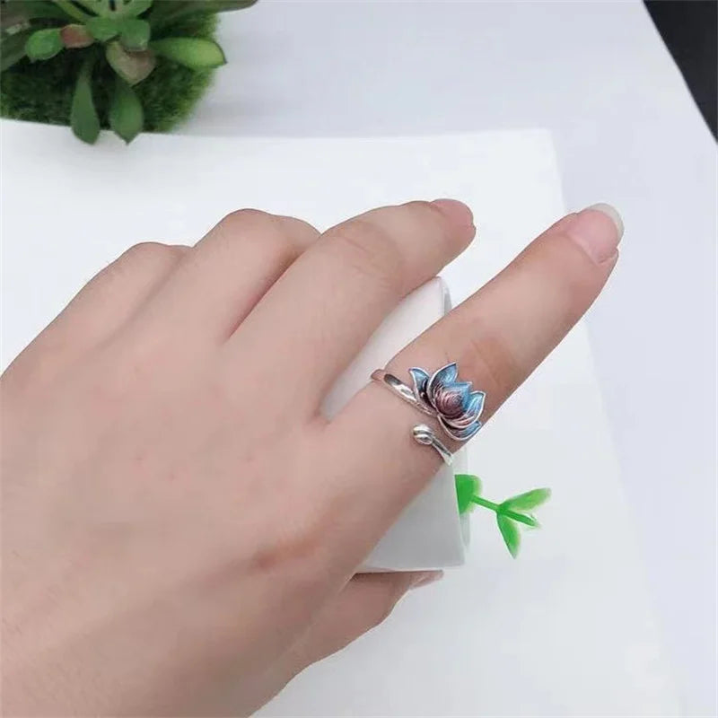 Vintage Lucky Koi Fish Open Ring For Women Fashion Silver Plated Copper Blue Lotus Rabbit Finger Rings Wedding Party Jewelry