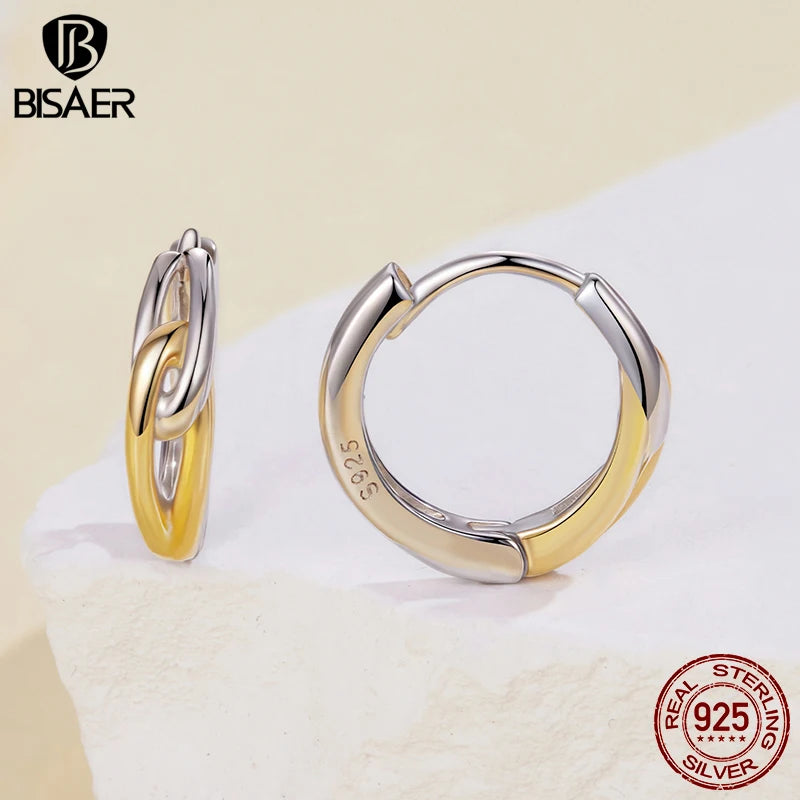 BISAER 925 Sterling Silver Double Ring Hoop Earrings Two-tones Huggie Earrings Plated 14K Gold For OL Women Party Fine Jewelry