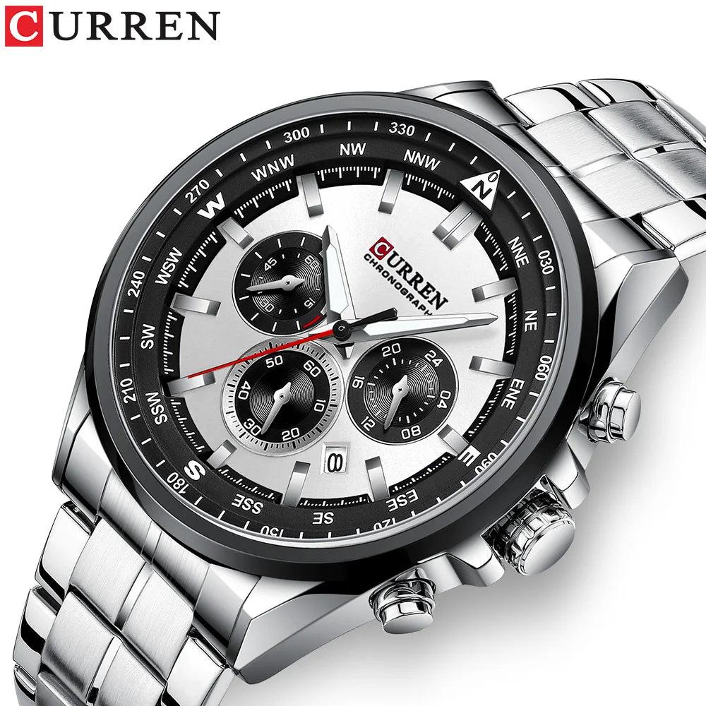 CURREN Luxury Brand Watches for Men Casual Sporty Quartz Wristwatch with 316 Stainless Steel Band Chronograph Clock Male Silver