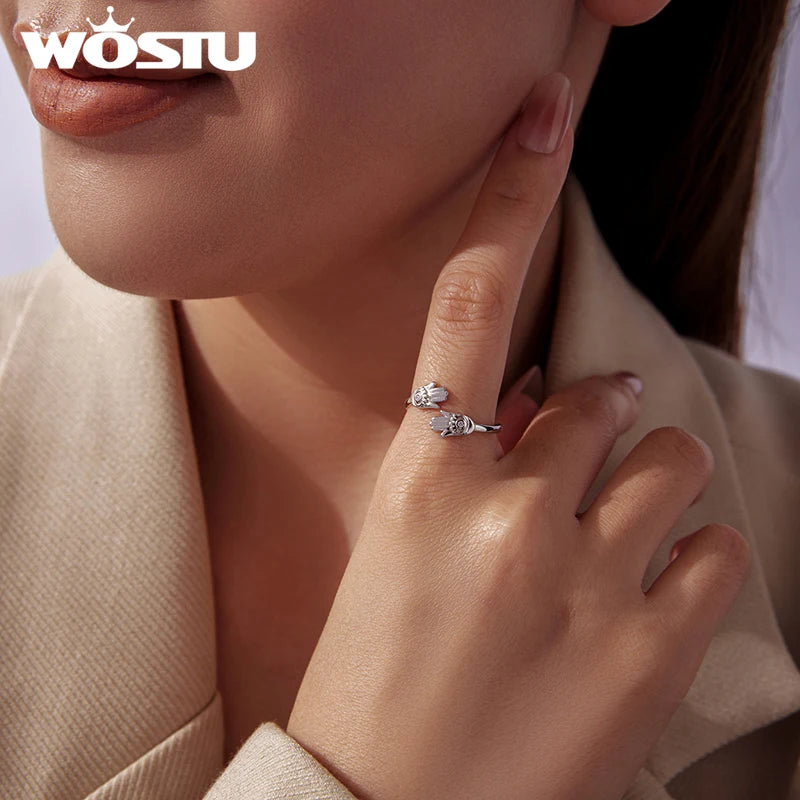 WOSTU Unique Evil Eye Hamsa Hand Open Ring For Women, 925 Sterling Silver Protection Guard Rings Daily Party Bohemia Jewelry
