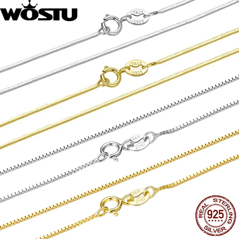 WOSTU 925 Sterling Silver Snake Chain Box Necklace 18k Gold Basic For Women Girls Fit Pendant&Charm Fine Jewelry Thin&Strong
