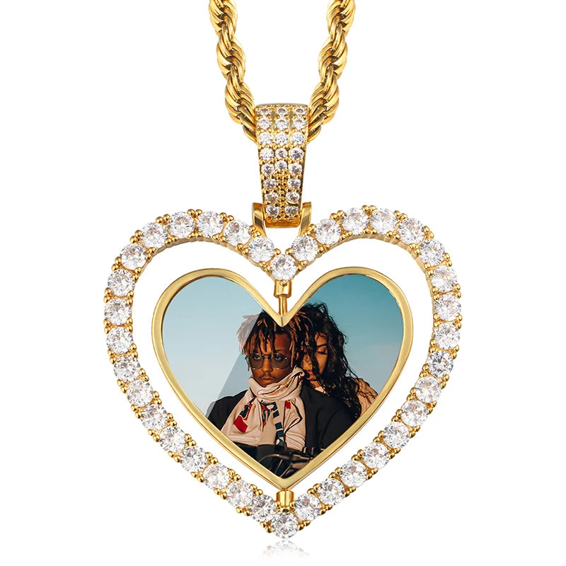 Collier pendentif cœur double face personnalisé pour homme, style hip-hop, pendentif en zircone serti de diamants, médaillon souvenir photo personnalisé