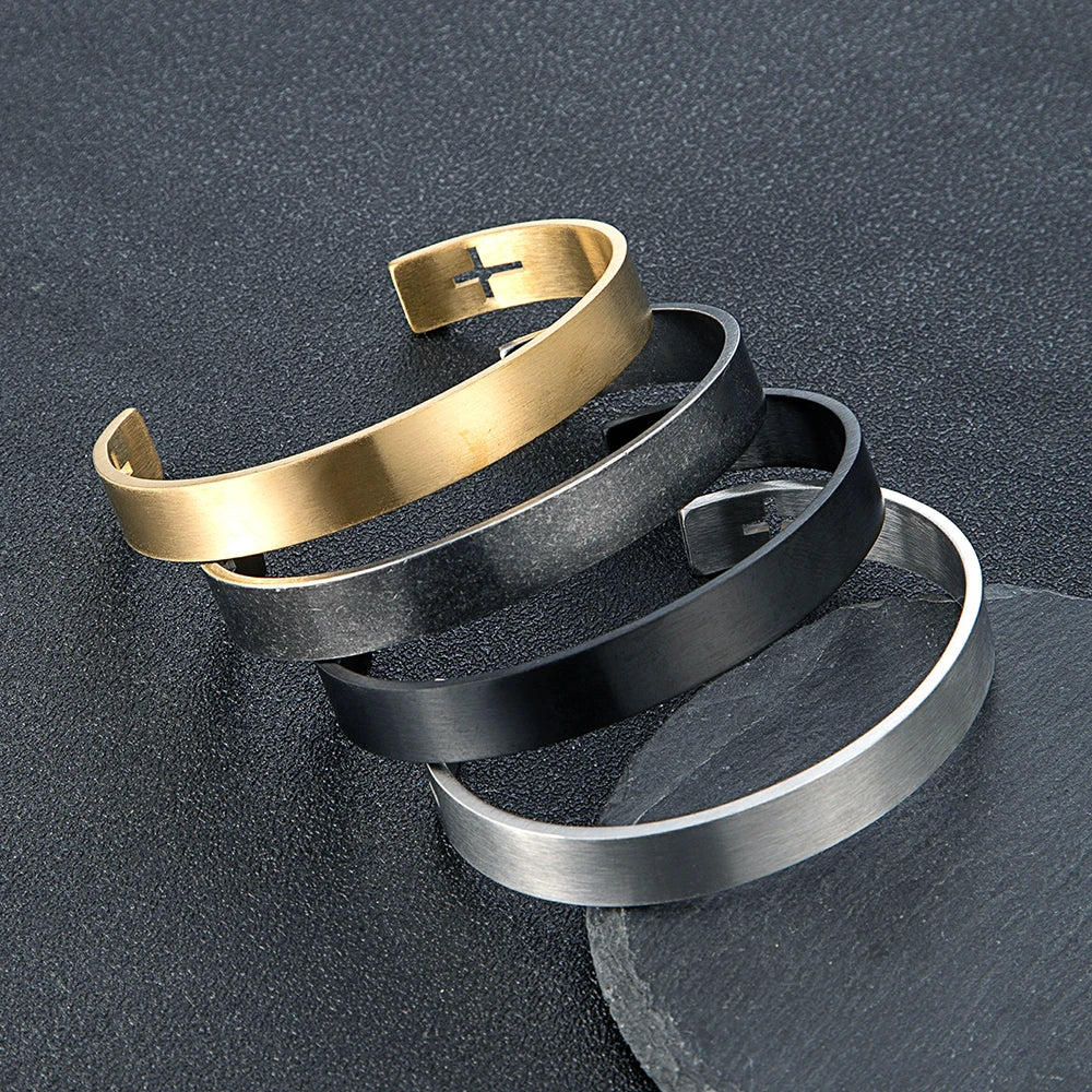 Gold Color Stainless Steel Cross Cuff Bracelet for Men Carving Design Fashion Wristband Hand Accessory Perfect Gift for Him