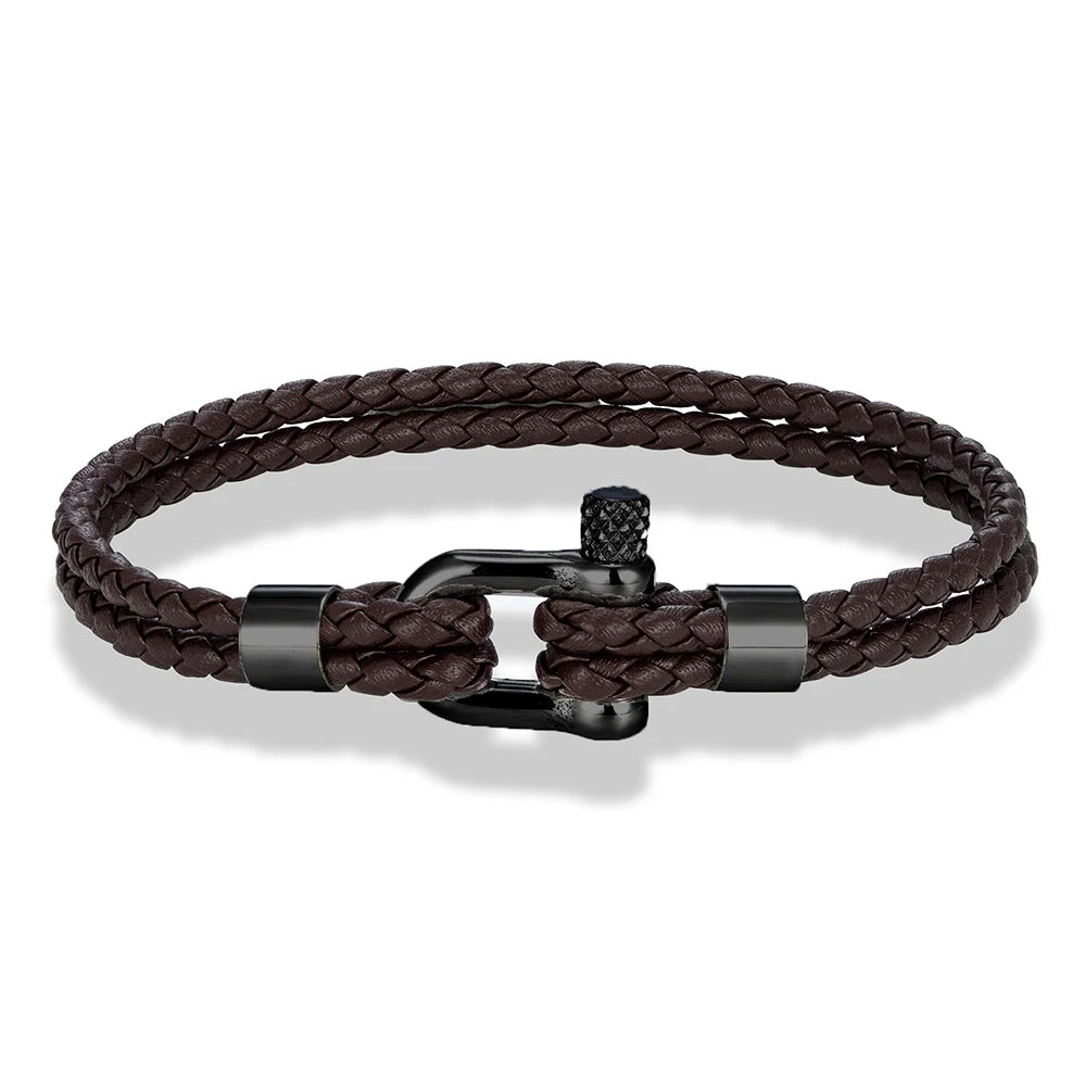 MKENDN Schwarzes Edelstahl-Schäkelarmband, schlichtes zweilagiges blaues Lederarmband für Damen und Herren, handgefertigter nautischer Schmuck