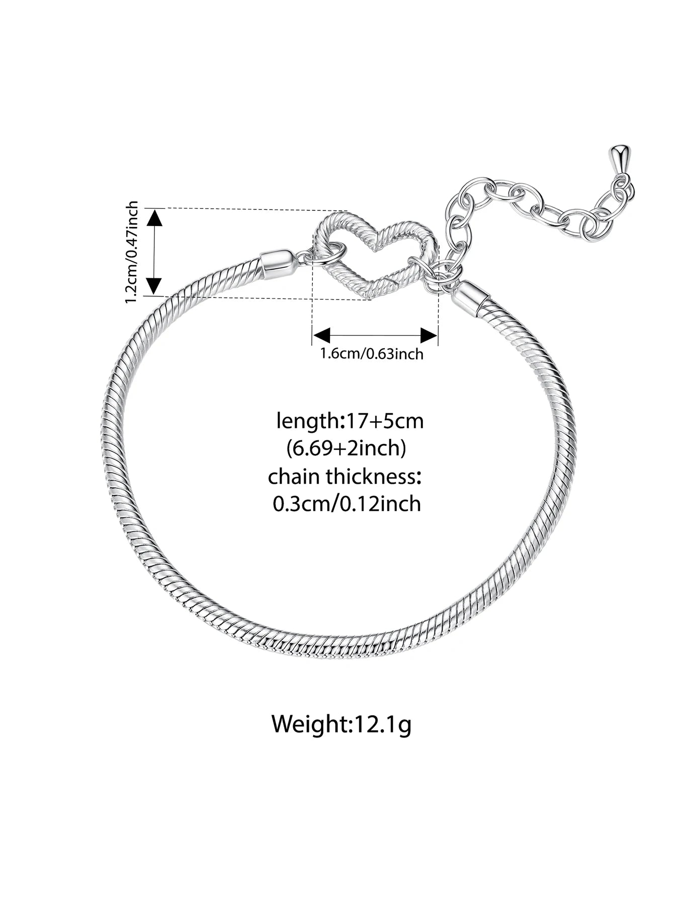 WOSTU 925 Sterling Silver Love Heart Bracelet Base Snake Chain for Women Fit Beads Charms DIY Adjustable Gift Fine Jewelry