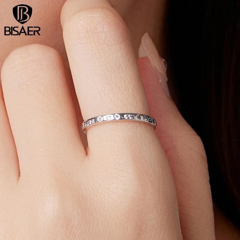 BISAER 925 Sterling Silver ‘I Love You’ Morse Code Ring Tiny Stackable Eternity Band for Women Wedding Fine Jewelry ECR1157