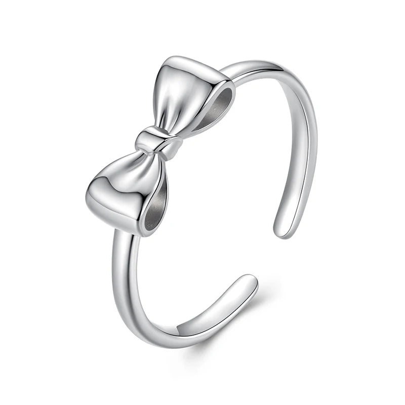 BAMOER Solid 925 Sterling Silver Bowknot Ring for Women, Elegant Adjustable Bow Band Romantic Jewelry Gift for Her