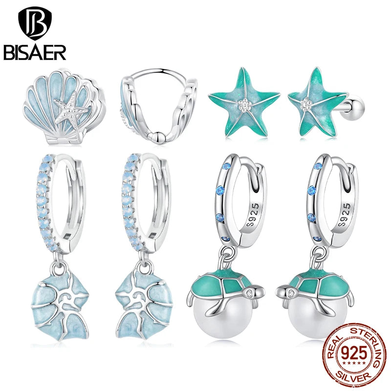 BISAER Boucles d'oreilles créoles en argent sterling 925 en forme de tortue coquillage bleu Boucles d'oreilles à tige en forme d'étoile de mer pour femmes Fête sur la plage Bijoux fins Cadeau