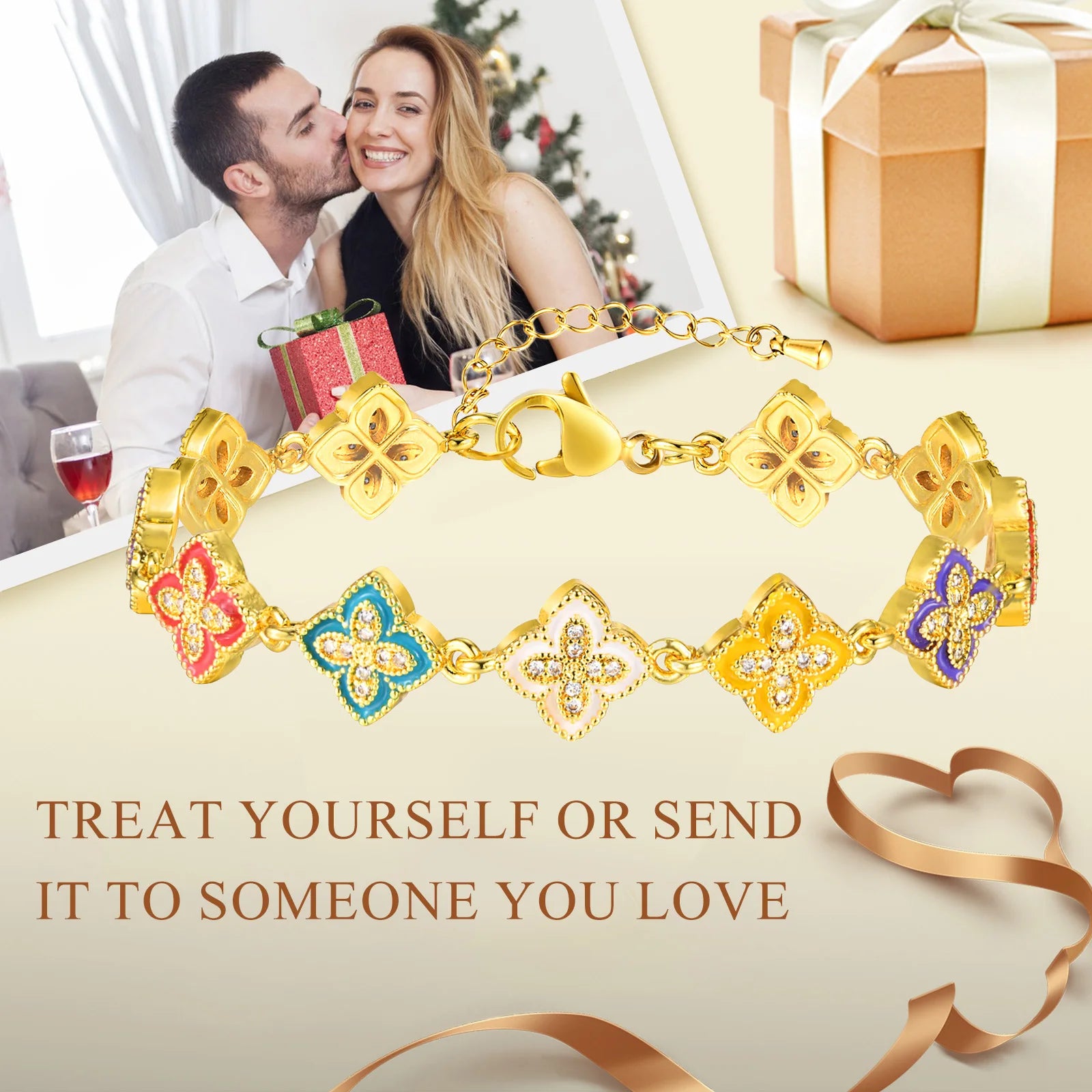 Vnox Gorgeous Four Leaf Clover Bracelet For Women,Dainty Zircon Flowers Chain Bracelets,Gifts To Mom Girlfriend Fashion Jewelry