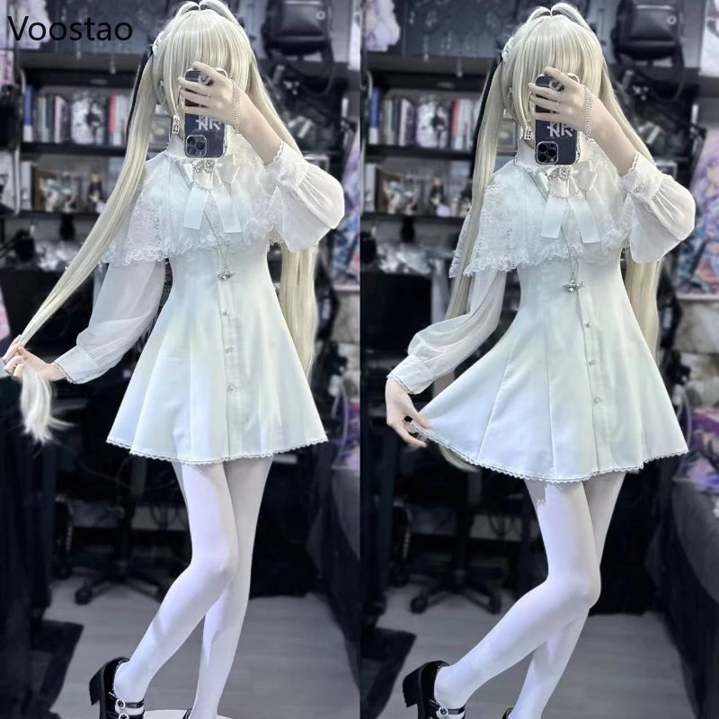 Japanese Gothic Style Rhinestone Pearl Bow Dress Women Lace Ruffles Shawl Long Sleeve Slim Shirts Dresses Lolita Y2k Party Dress - Madeinsea©