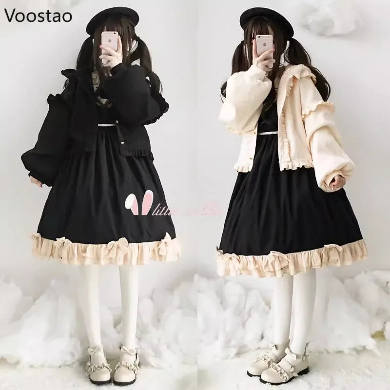 Sweet Lolita Women Jacket Japanese Kawaii Hooded Ruffles Coat Vintage Autumn Winter Tops Warm Outwear Japanese Fashion Jackets