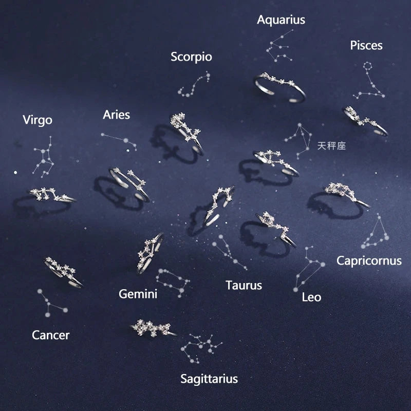 Minimalist Inlaid Cubic Zircon 12 Constellation Rings For Women Zodiac Sign Adjustable Finger Ring Simple Silver Color Jewelry