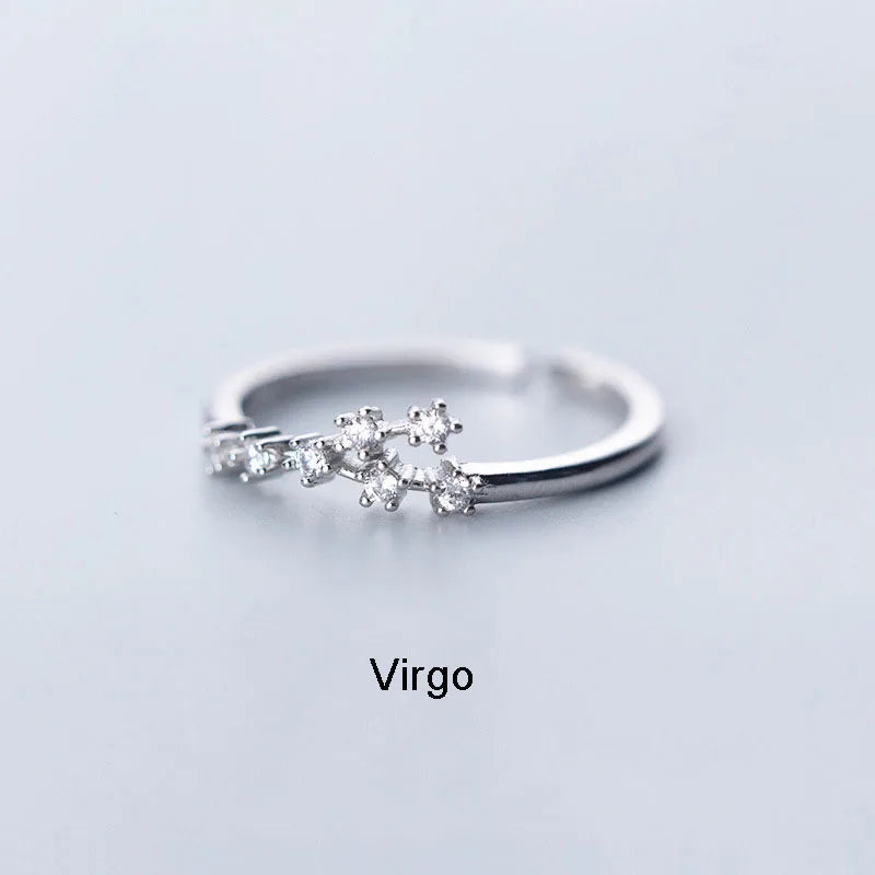 Minimalist Inlaid Cubic Zircon 12 Constellation Rings For Women Zodiac Sign Adjustable Finger Ring Simple Silver Color Jewelry