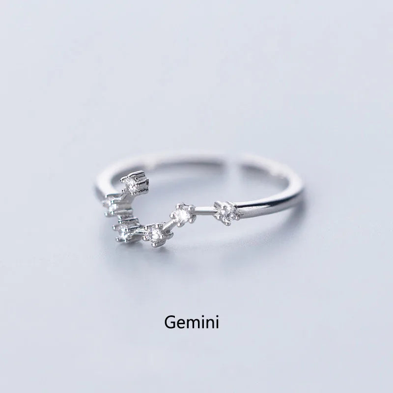 Minimalist Inlaid Cubic Zircon 12 Constellation Rings For Women Zodiac Sign Adjustable Finger Ring Simple Silver Color Jewelry