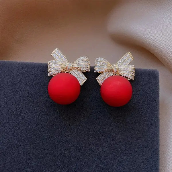 Christmas Red Zircon Crystal Bow Stud Earrings For Women Heart Shape Bowknot Christmas Earring Girl New Year Festival Jewelry