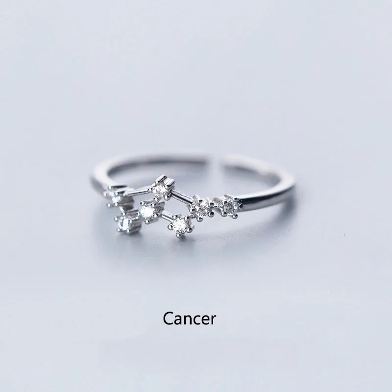 Minimalist Inlaid Cubic Zircon 12 Constellation Rings For Women Zodiac Sign Adjustable Finger Ring Simple Silver Color Jewelry