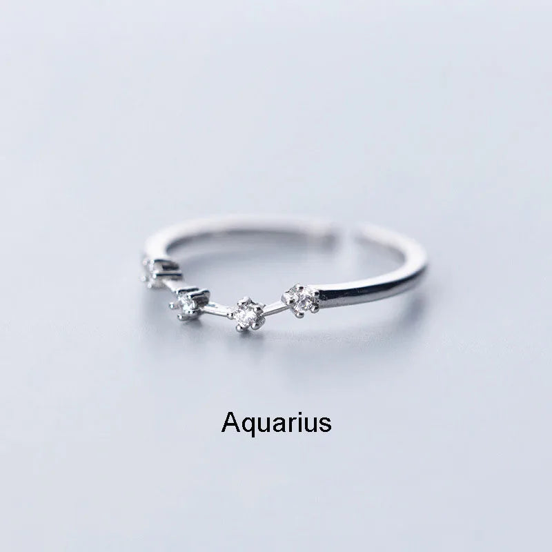 Minimalist Inlaid Cubic Zircon 12 Constellation Rings For Women Zodiac Sign Adjustable Finger Ring Simple Silver Color Jewelry