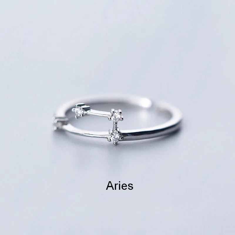 Minimalist Inlaid Cubic Zircon 12 Constellation Rings For Women Zodiac Sign Adjustable Finger Ring Simple Silver Color Jewelry