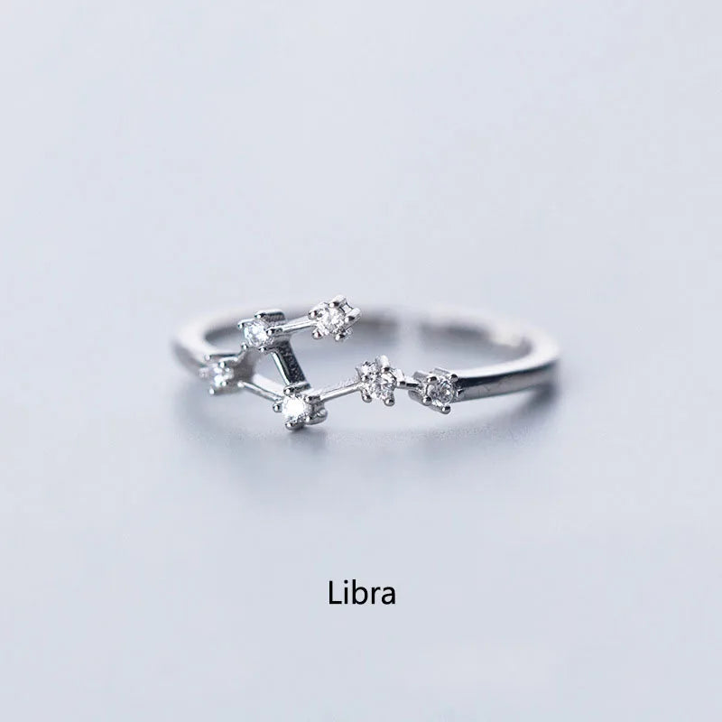 Minimalist Inlaid Cubic Zircon 12 Constellation Rings For Women Zodiac Sign Adjustable Finger Ring Simple Silver Color Jewelry