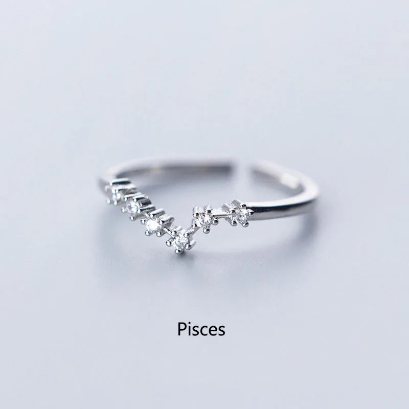 Minimalist Inlaid Cubic Zircon 12 Constellation Rings For Women Zodiac Sign Adjustable Finger Ring Simple Silver Color Jewelry