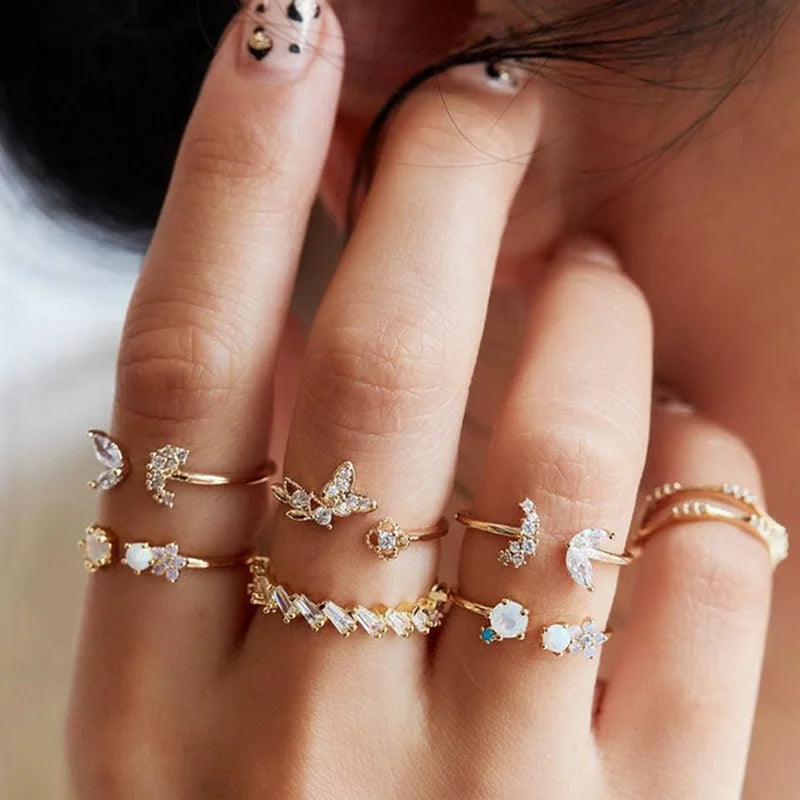 Vintage Boho Crystal Butterfly Rings Set For Women Zircon Leaves Stars Geometric Knuckle Finger Ring Wedding Party Jewelry Gifts