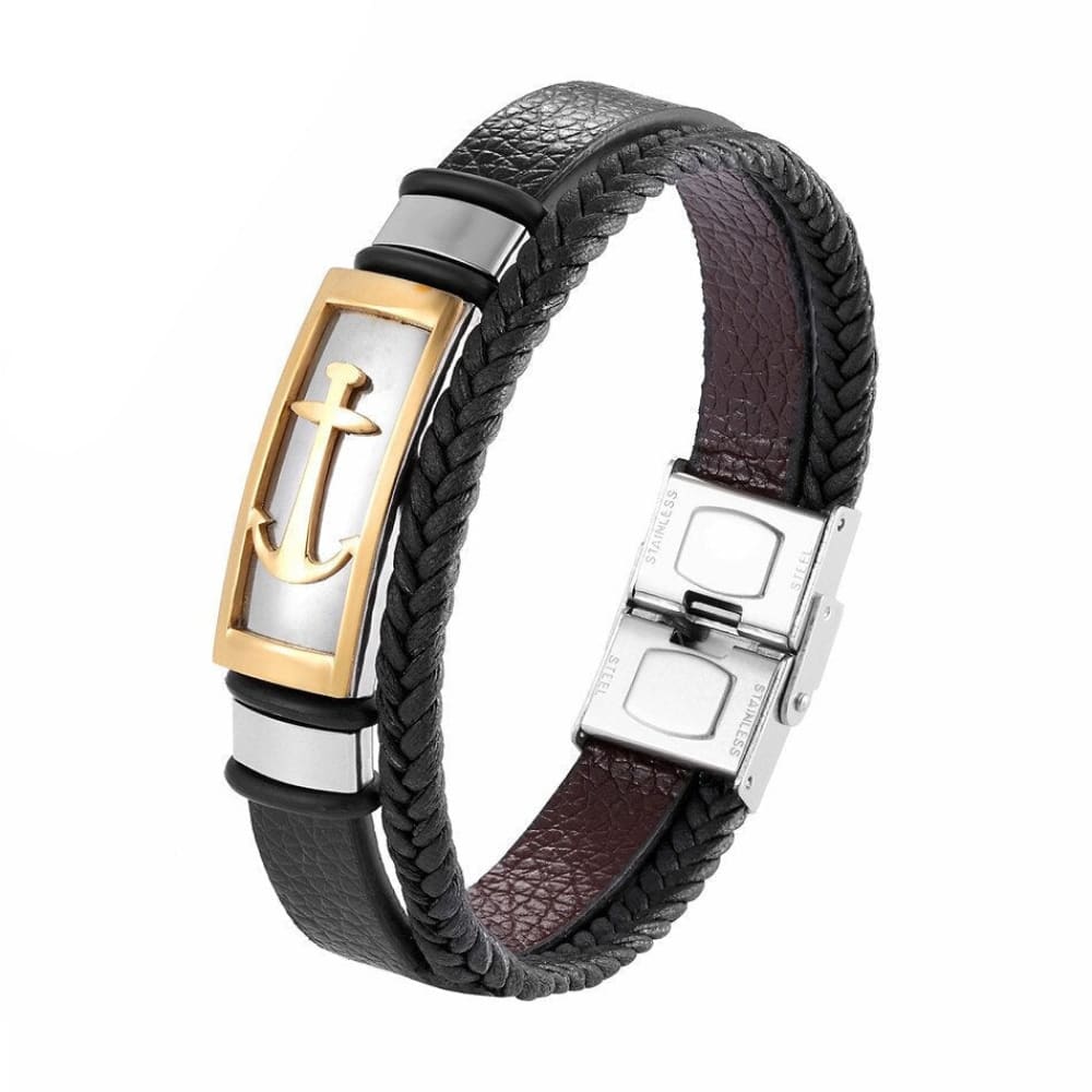 Anchor Black Leather Bracelet - Gold