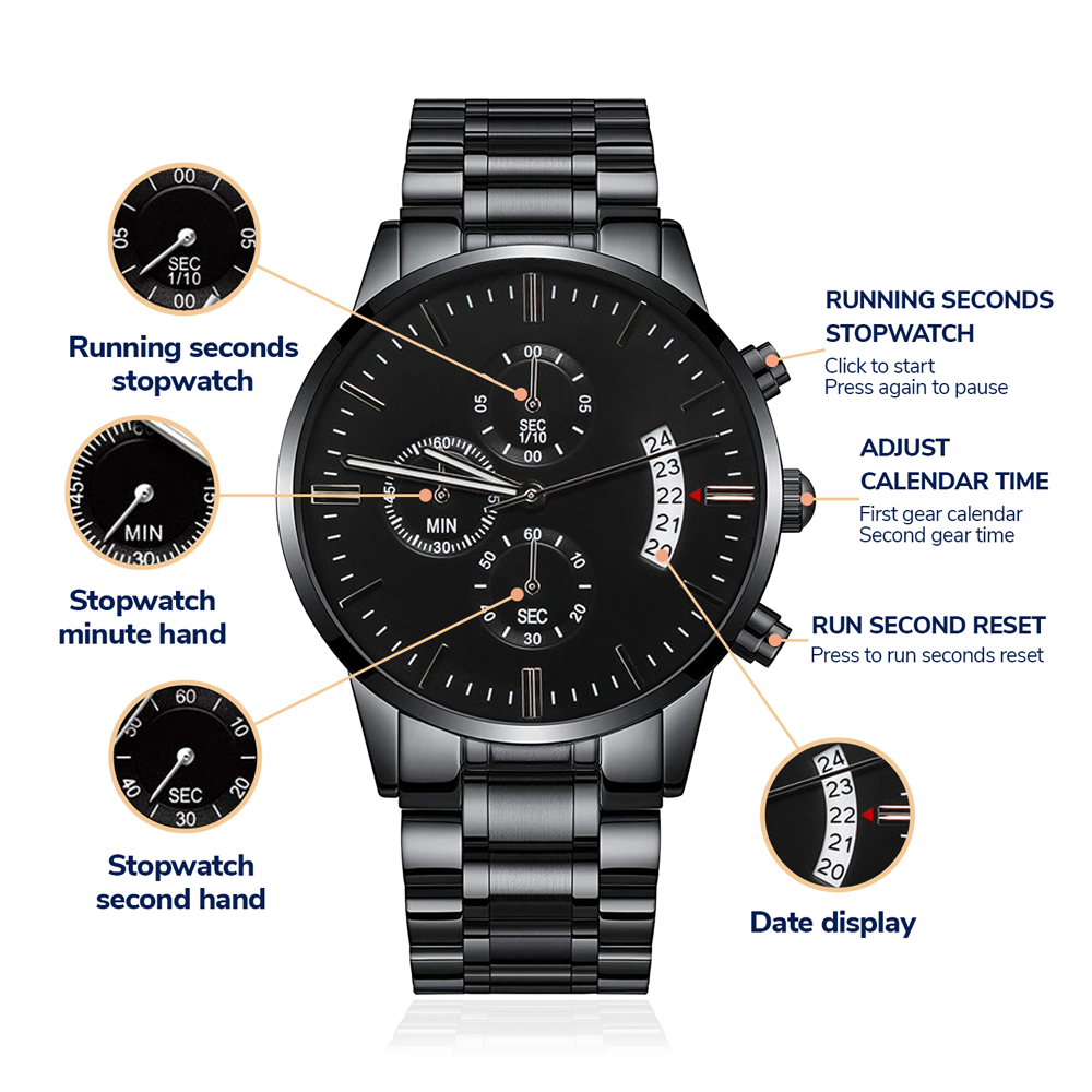 Personalized Black Chronograph Watch with Custom Engraving