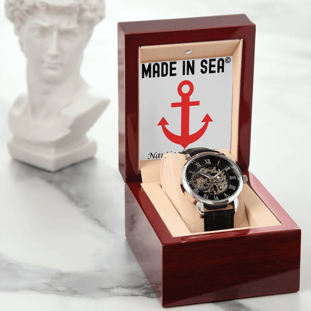Personalized Men's Openwork Watch with Mahogany Style Luxury Box with Custom Message Card