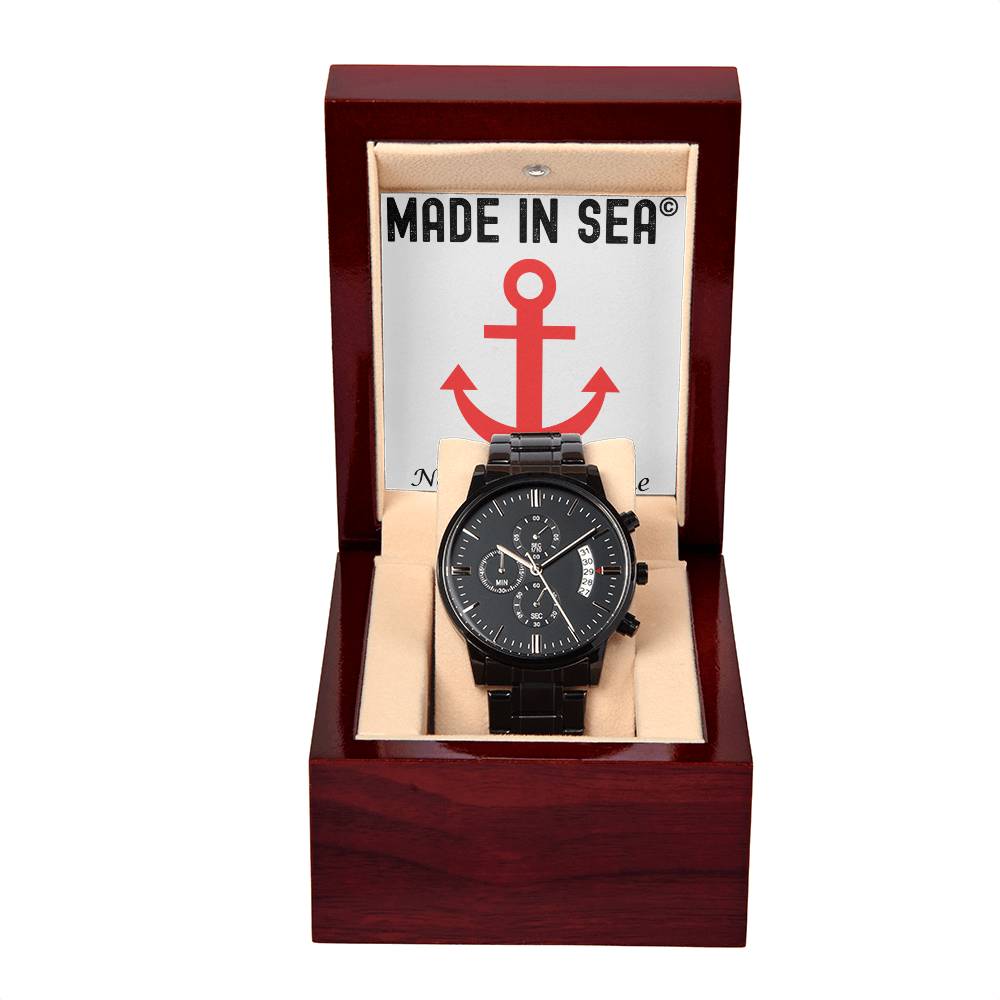 Personalized Black Chronograph Watch with Customizable Message Card & Mahogany Style Luxury Box - Madeinsea©