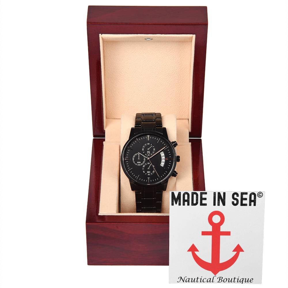 Personalized Black Chronograph Watch with Customizable Message Card & Mahogany Style Luxury Box - Madeinsea©