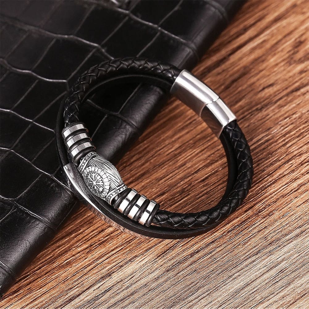 Black Leather Steel Compass Bracelet