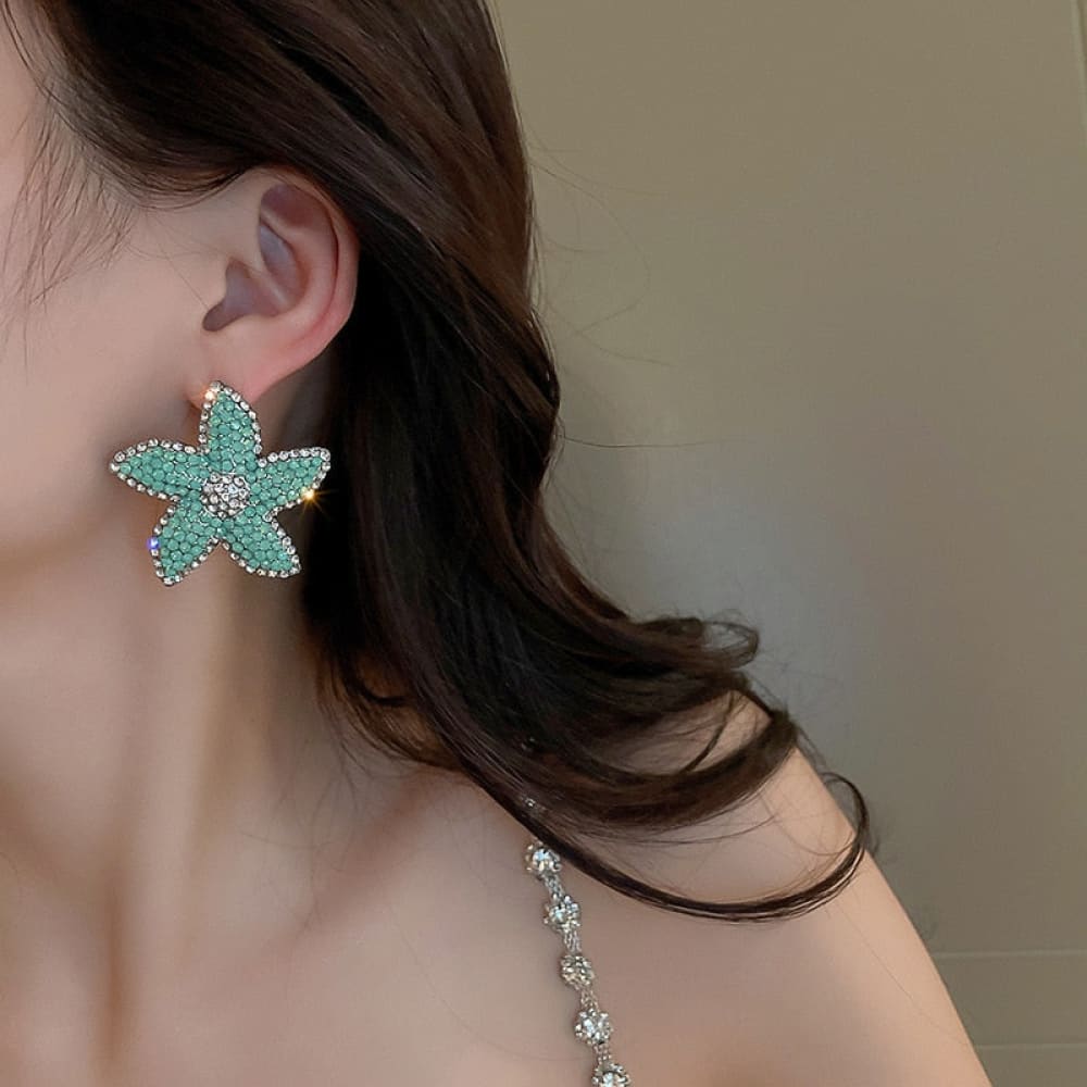 Blue Rhinestone Starfish Earrings