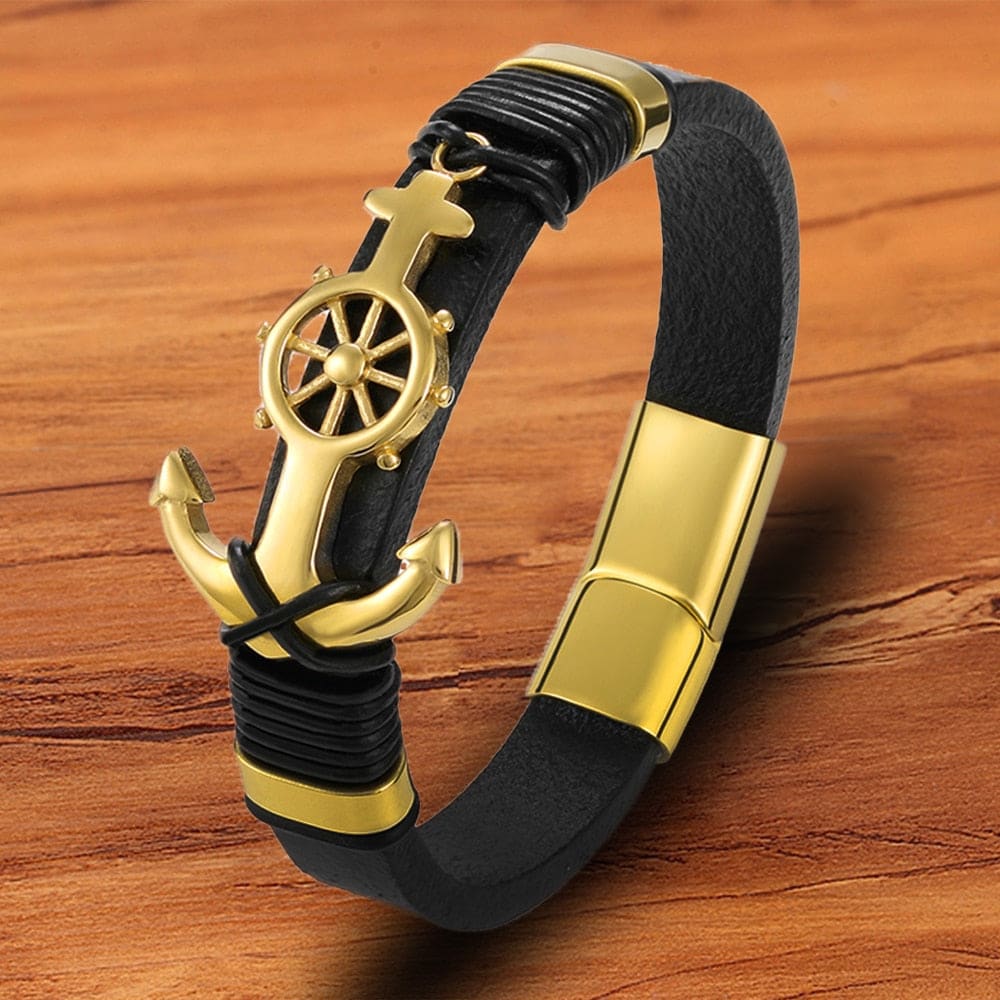 Gold Anchor Leather Bracelet