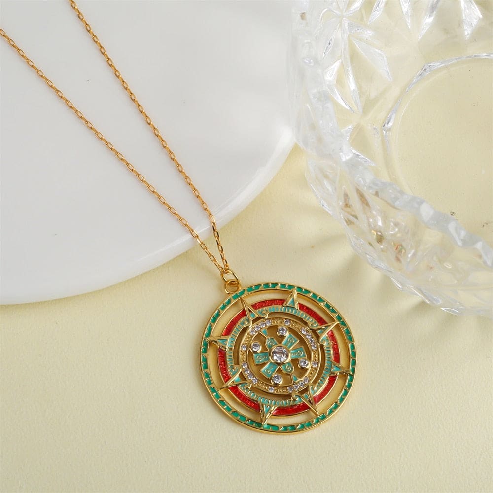Gold Enamel Compass Necklace
