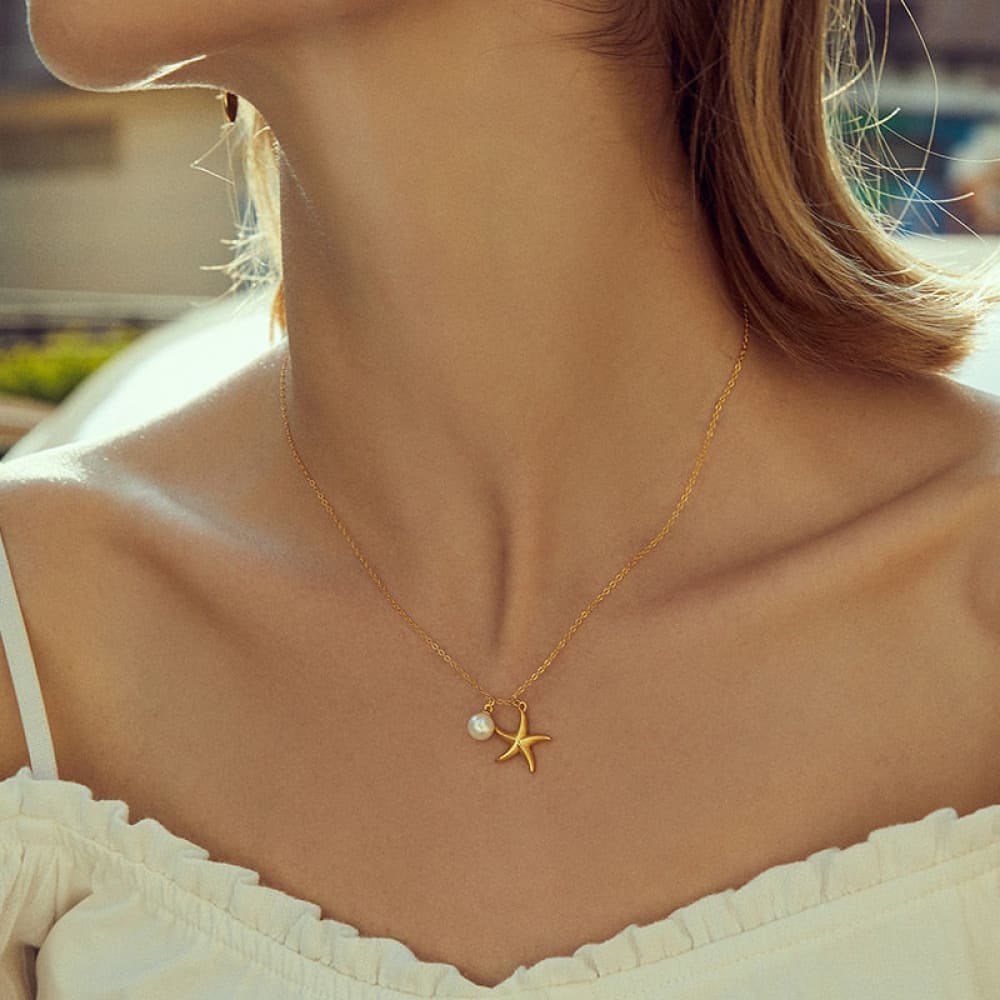 Gold Pearl Starfish Necklace