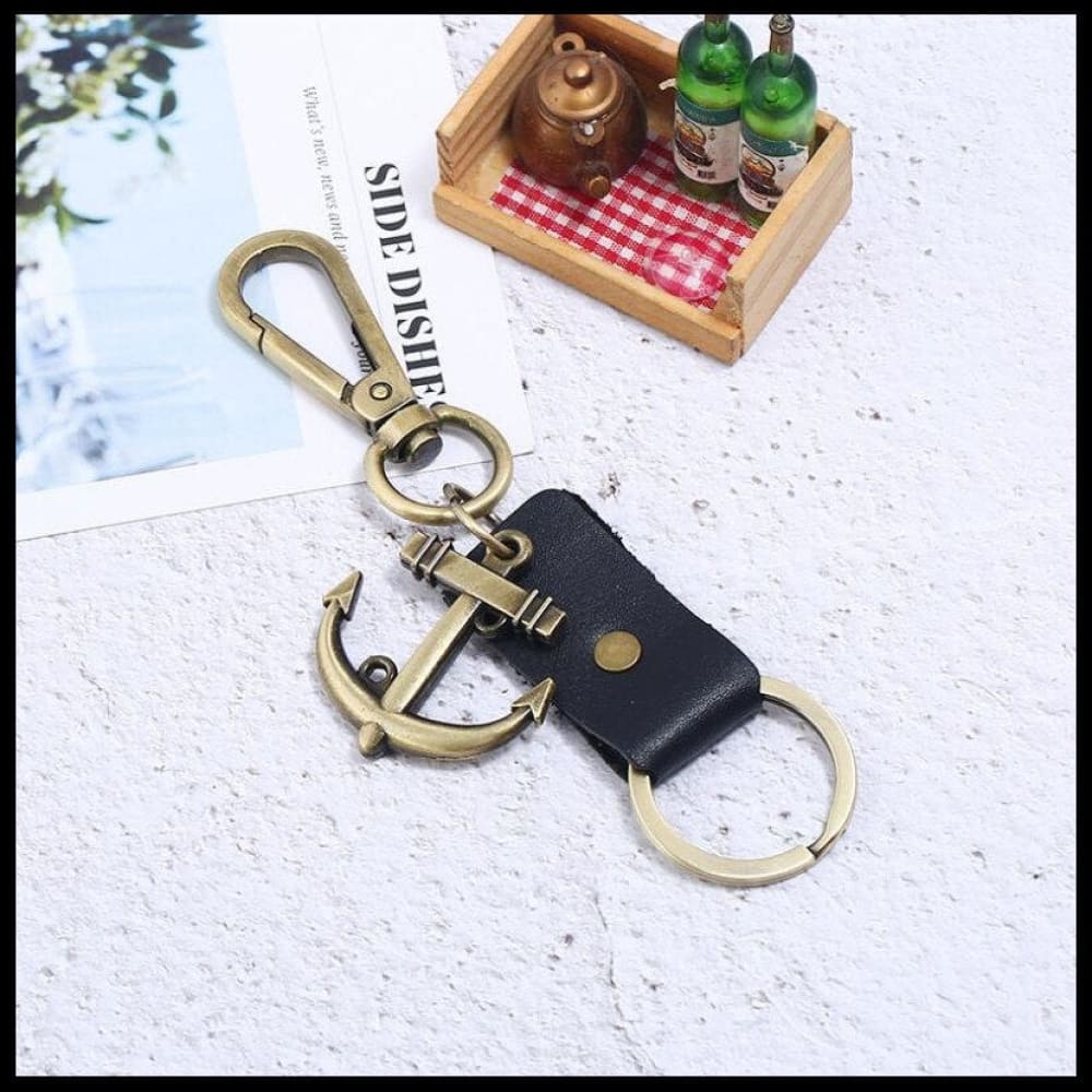 Leather Anchor Keychain - Black
