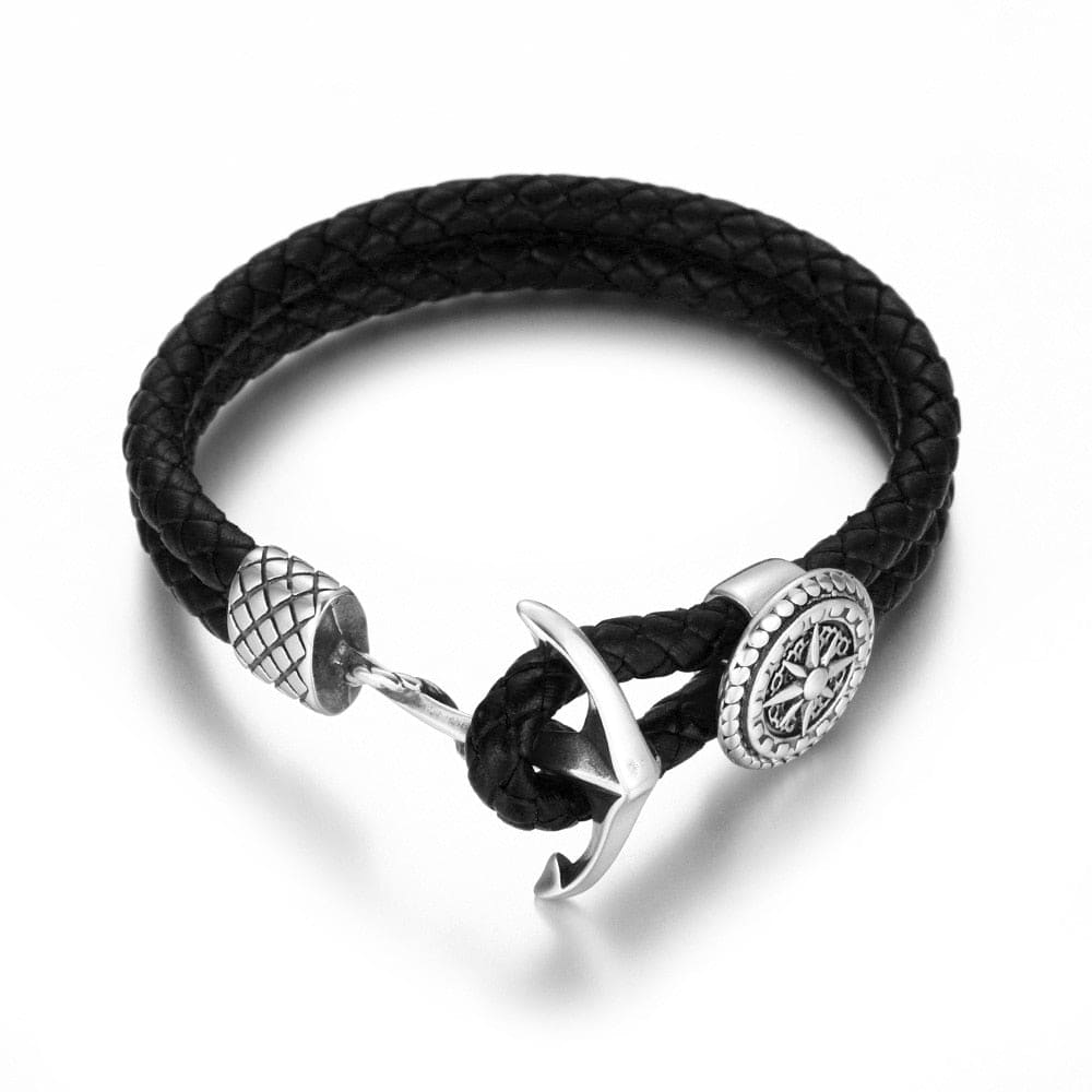 Men’s leather anchor bracelet - Black Cross