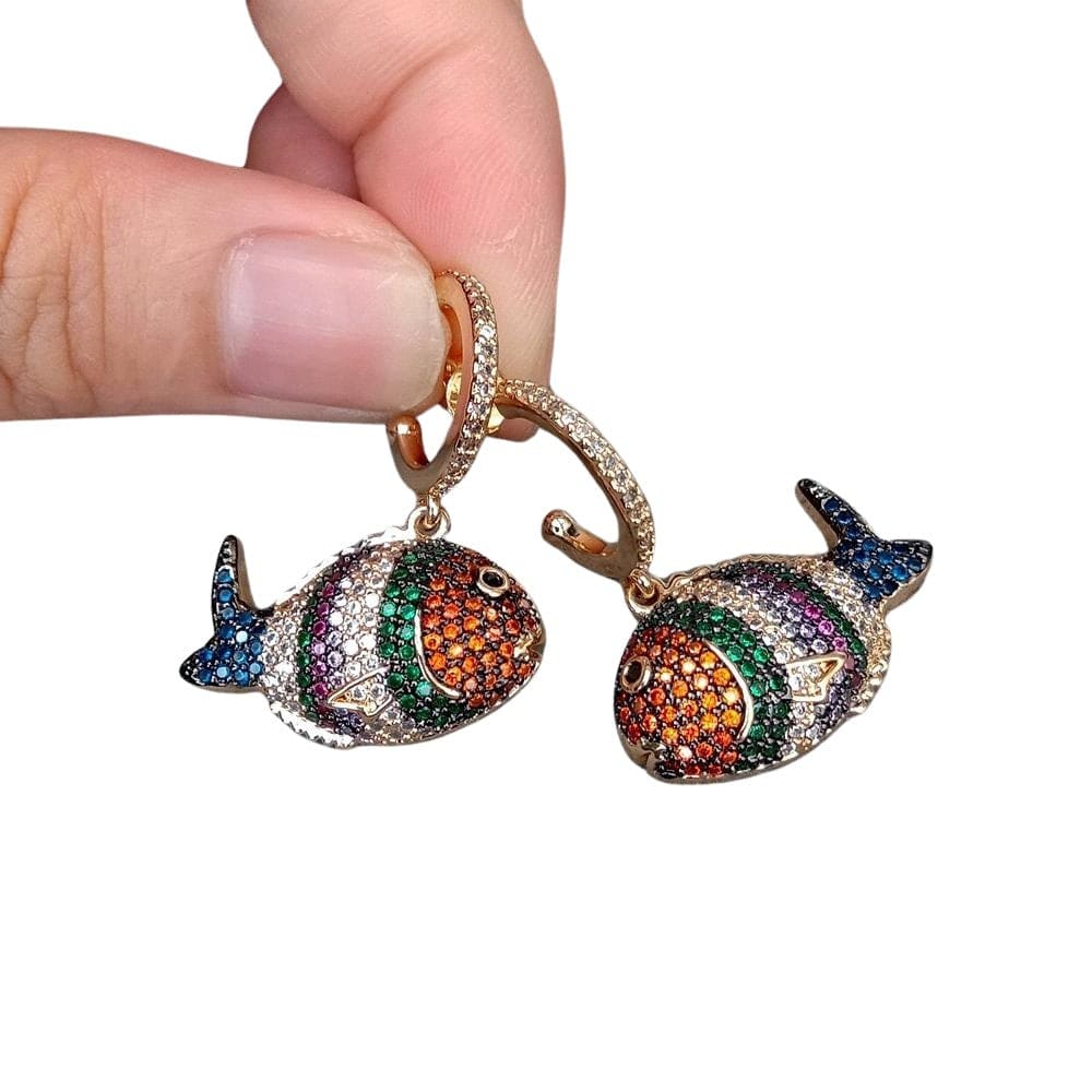 Rainbow Zirconia Fish Earrings