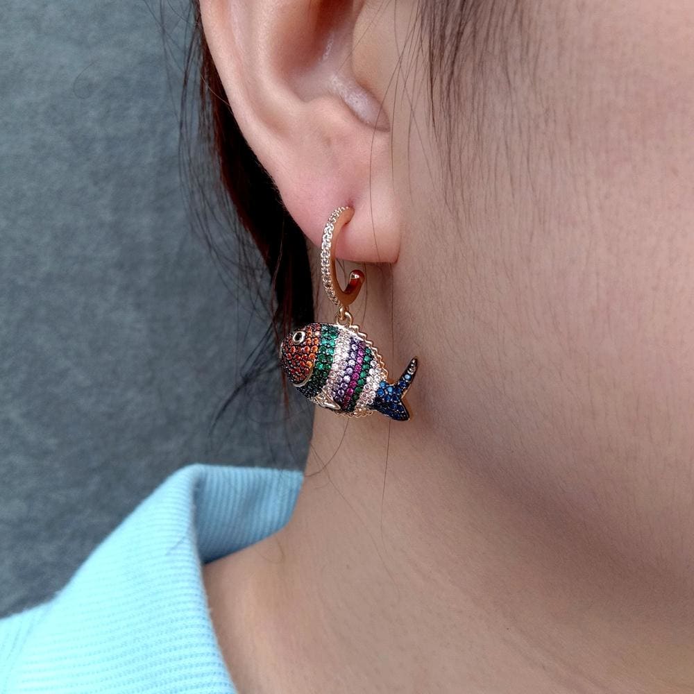 Rainbow Zirconia Fish Earrings
