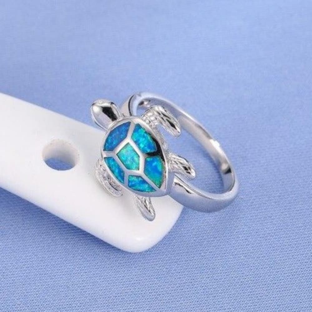 Silver Sea Turtle Ring For Women (Blue Opal)