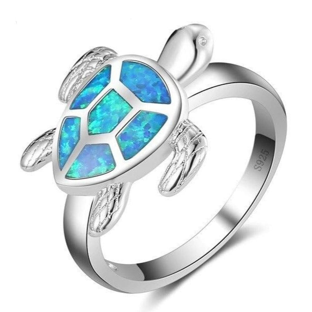 Silver Sea Turtle Ring For Women (Blue Opal) - 6