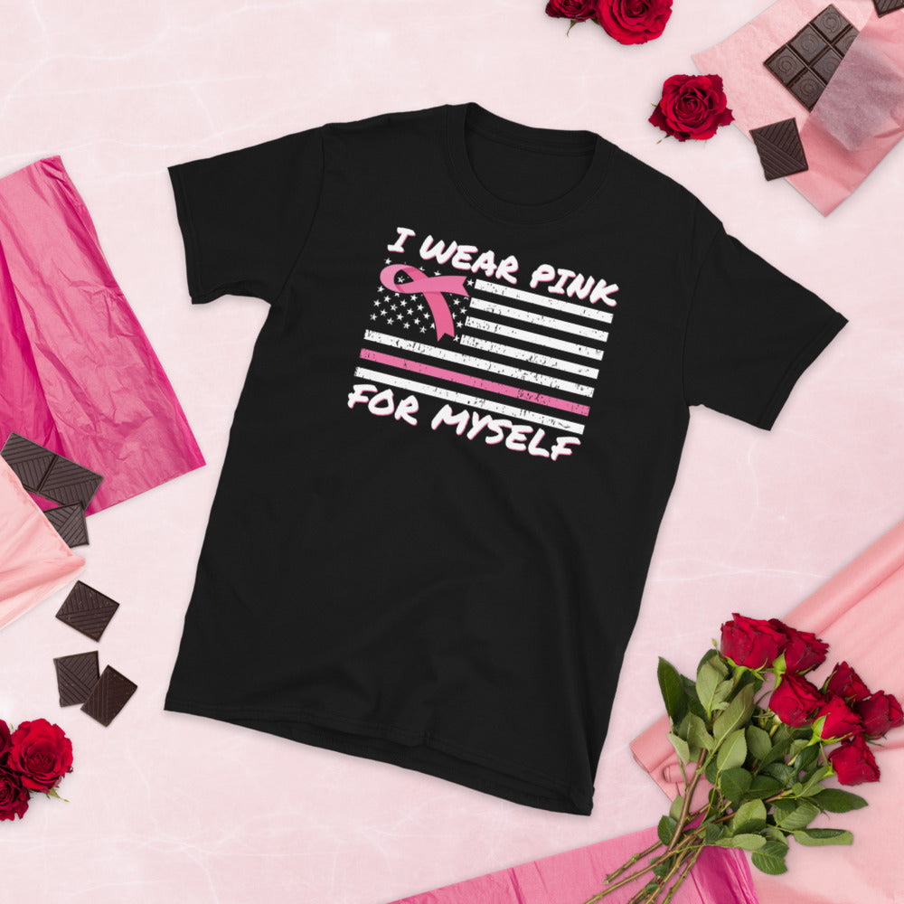 I wear pink for myself, Breast cancer awareness shirt, Family Cancer Shirt, Breast Cancer Awareness Month, Pink Ribbon American Flag Shirt - Madeinsea©